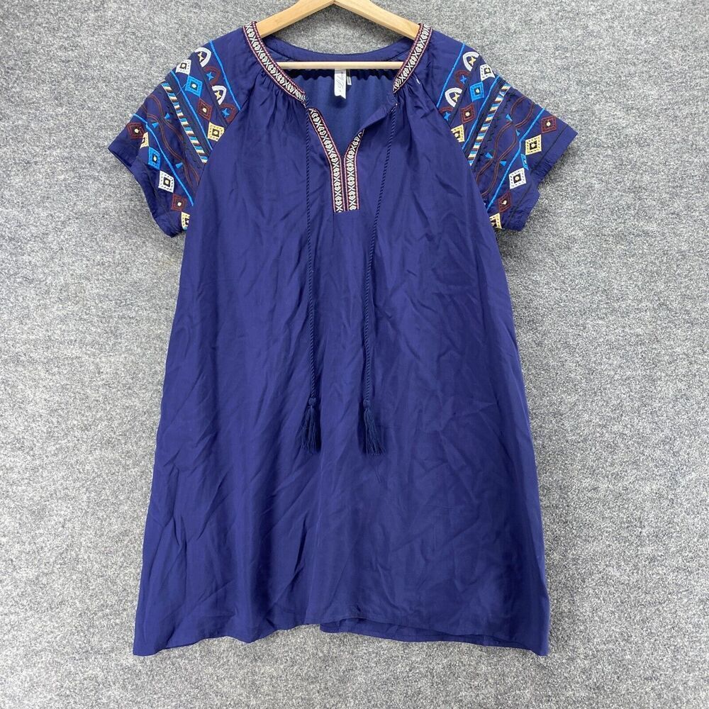 J Love Dress Women M Medium Blue Shift Short V-Neck Tasseled Short Sleeve Lined